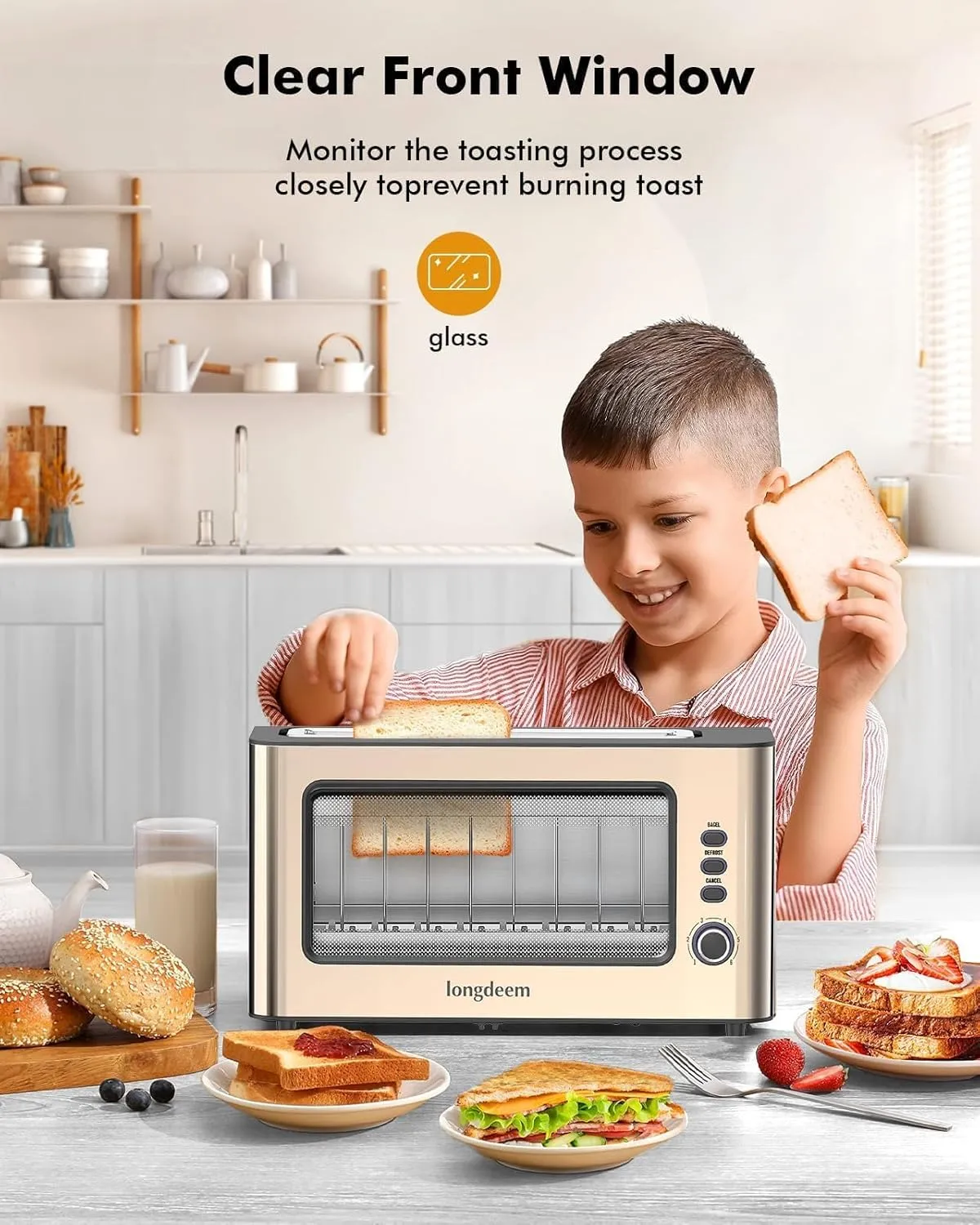 Clear View Toaster, LONGDEEM 1.75" Extra Long Slot Glass Toasters Stainless Steel 2 Slice with 6 Browning Control for Bagel, Defrost & Auto Shut Off with Removable Crumb Tray, Gold