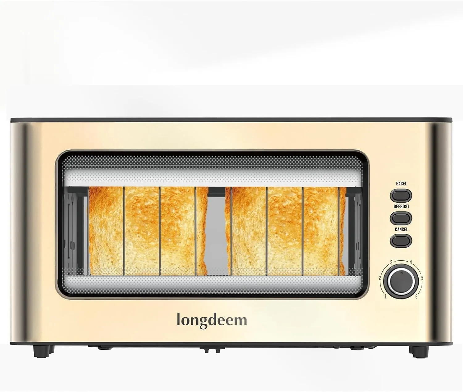 Clear View Toaster, LONGDEEM 1.75" Extra Long Slot Glass Toasters Stainless Steel 2 Slice with 6 Browning Control for Bagel, Defrost & Auto Shut Off with Removable Crumb Tray, Gold