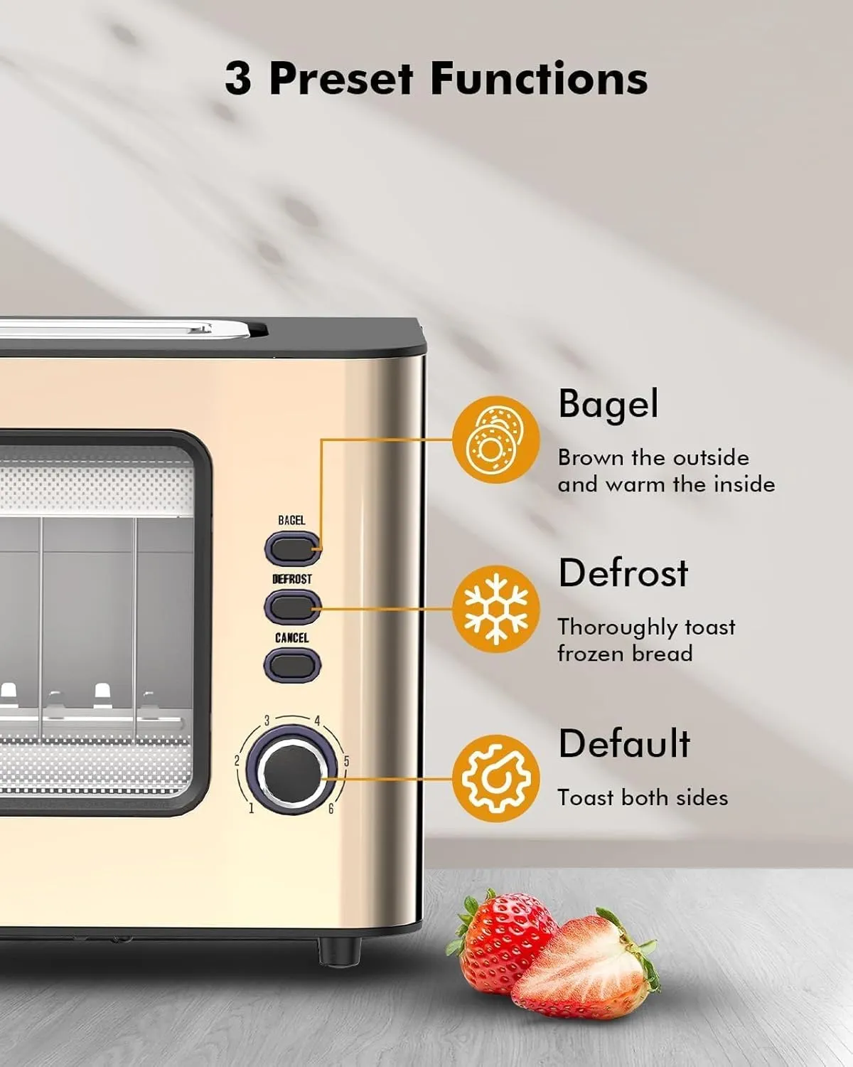 Clear View Toaster, LONGDEEM 1.75" Extra Long Slot Glass Toasters Stainless Steel 2 Slice with 6 Browning Control for Bagel, Defrost & Auto Shut Off with Removable Crumb Tray, Gold