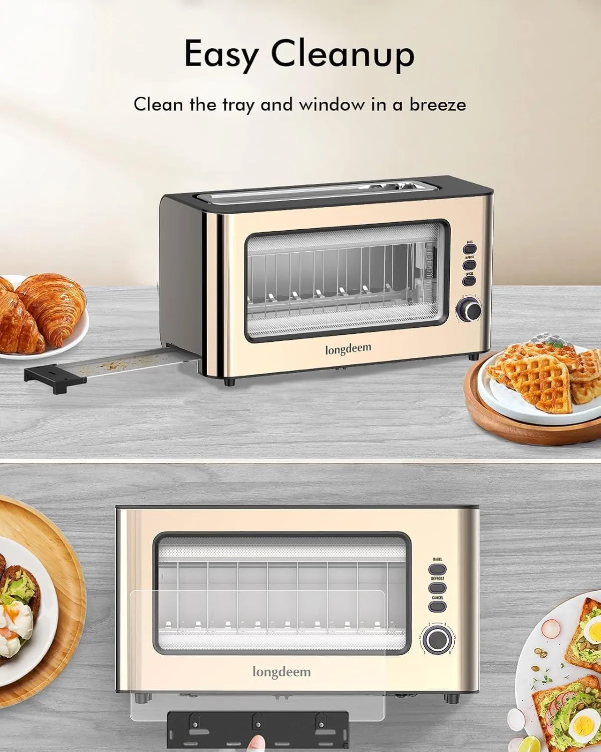 Clear View Toaster, LONGDEEM 1.75" Extra Long Slot Glass Toasters Stainless Steel 2 Slice with 6 Browning Control for Bagel, Defrost & Auto Shut Off with Removable Crumb Tray, Gold