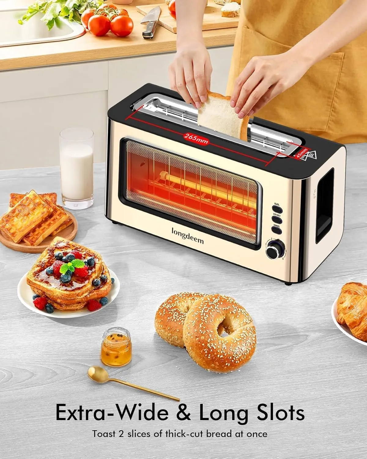 Clear View Toaster, LONGDEEM 1.75" Extra Long Slot Glass Toasters Stainless Steel 2 Slice with 6 Browning Control for Bagel, Defrost & Auto Shut Off with Removable Crumb Tray, Gold
