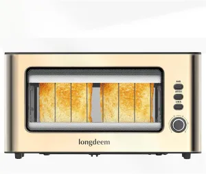 Clear View Toaster, LONGDEEM 1.75" Extra Long Slot Glass Toasters Stainless Steel 2 Slice with 6 Browning Control for Bagel, Defrost & Auto Shut Off with Removable Crumb Tray, Gold
