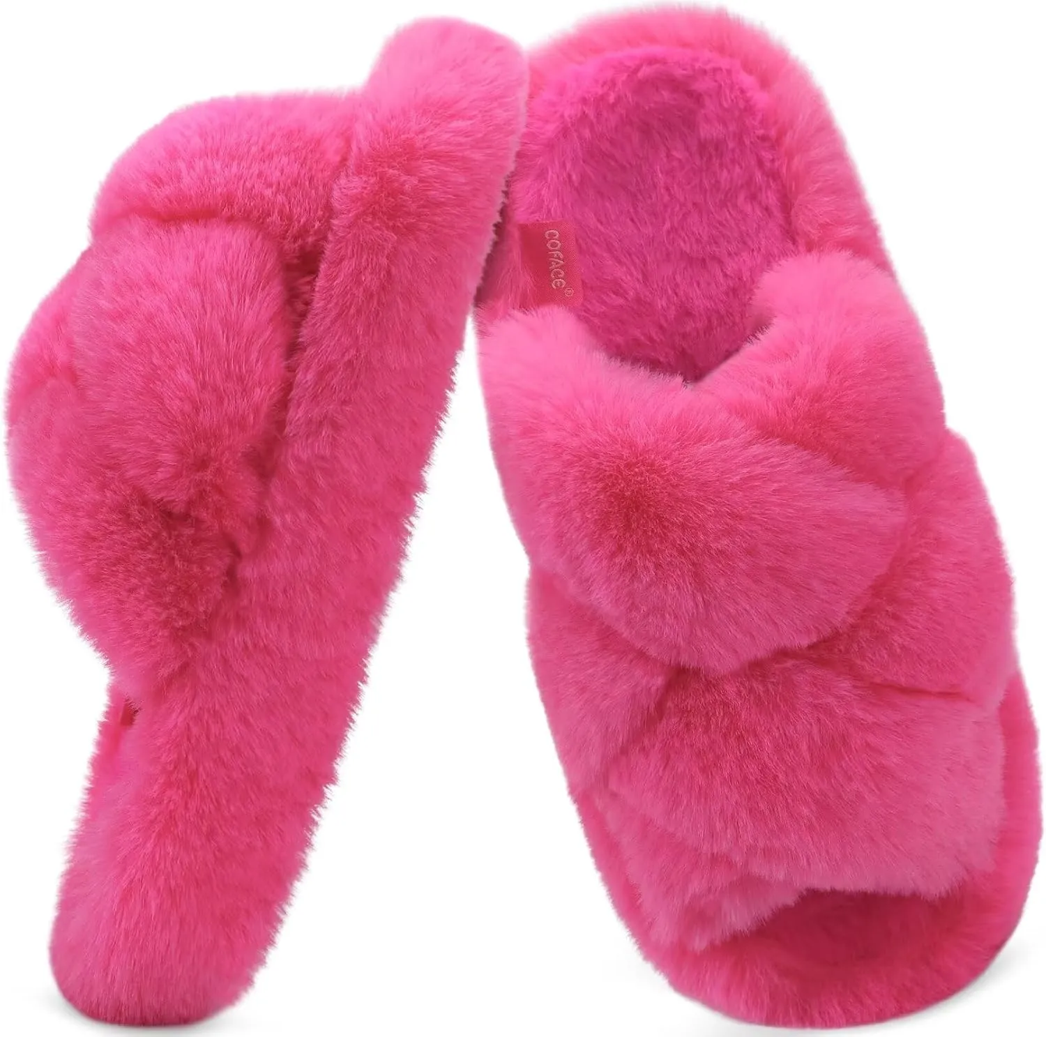 COFACE Women's Fluff Slippers Open Toe Fuzzy Faux Fur Ladies House Fashion Platform Slide Shoes with Comfort Arch Support, Indoor Outdoor Sole