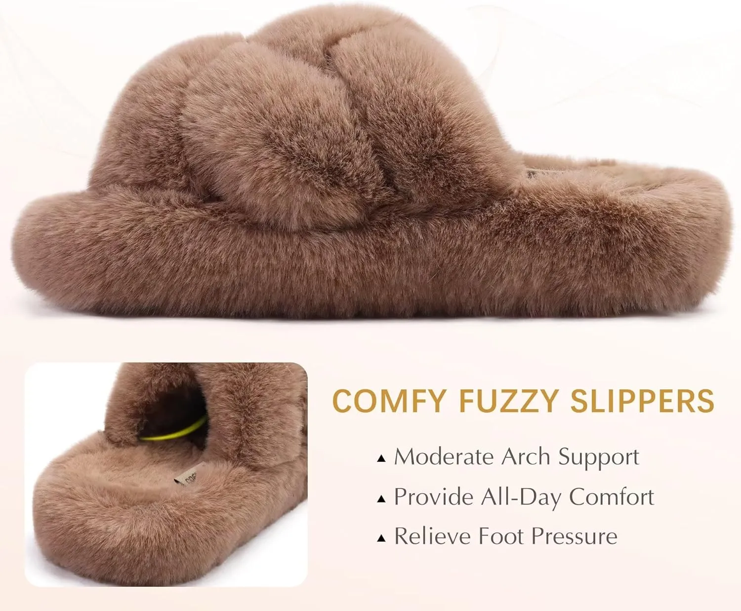 COFACE Women's Fluff Slippers Open Toe Fuzzy Faux Fur Ladies House Fashion Platform Slide Shoes with Comfort Arch Support, Indoor Outdoor Sole