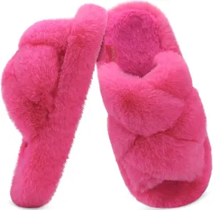 COFACE Women's Fluff Slippers Open Toe Fuzzy Faux Fur Ladies House Fashion Platform Slide Shoes with Comfort Arch Support, Indoor Outdoor Sole