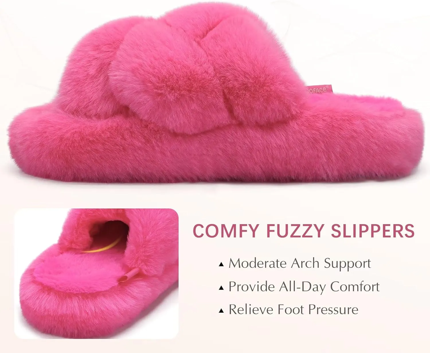 COFACE Women's Fluff Slippers Open Toe Fuzzy Faux Fur Ladies House Fashion Platform Slide Shoes with Comfort Arch Support, Indoor Outdoor Sole