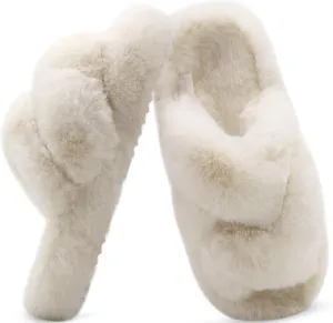COFACE Women's Fluff Slippers Open Toe Fuzzy Faux Fur Ladies House Fashion Platform Slide Shoes with Comfort Arch Support, Indoor Outdoor Sole