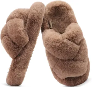 COFACE Women's Fluff Slippers Open Toe Fuzzy Faux Fur Ladies House Fashion Platform Slide Shoes with Comfort Arch Support, Indoor Outdoor Sole