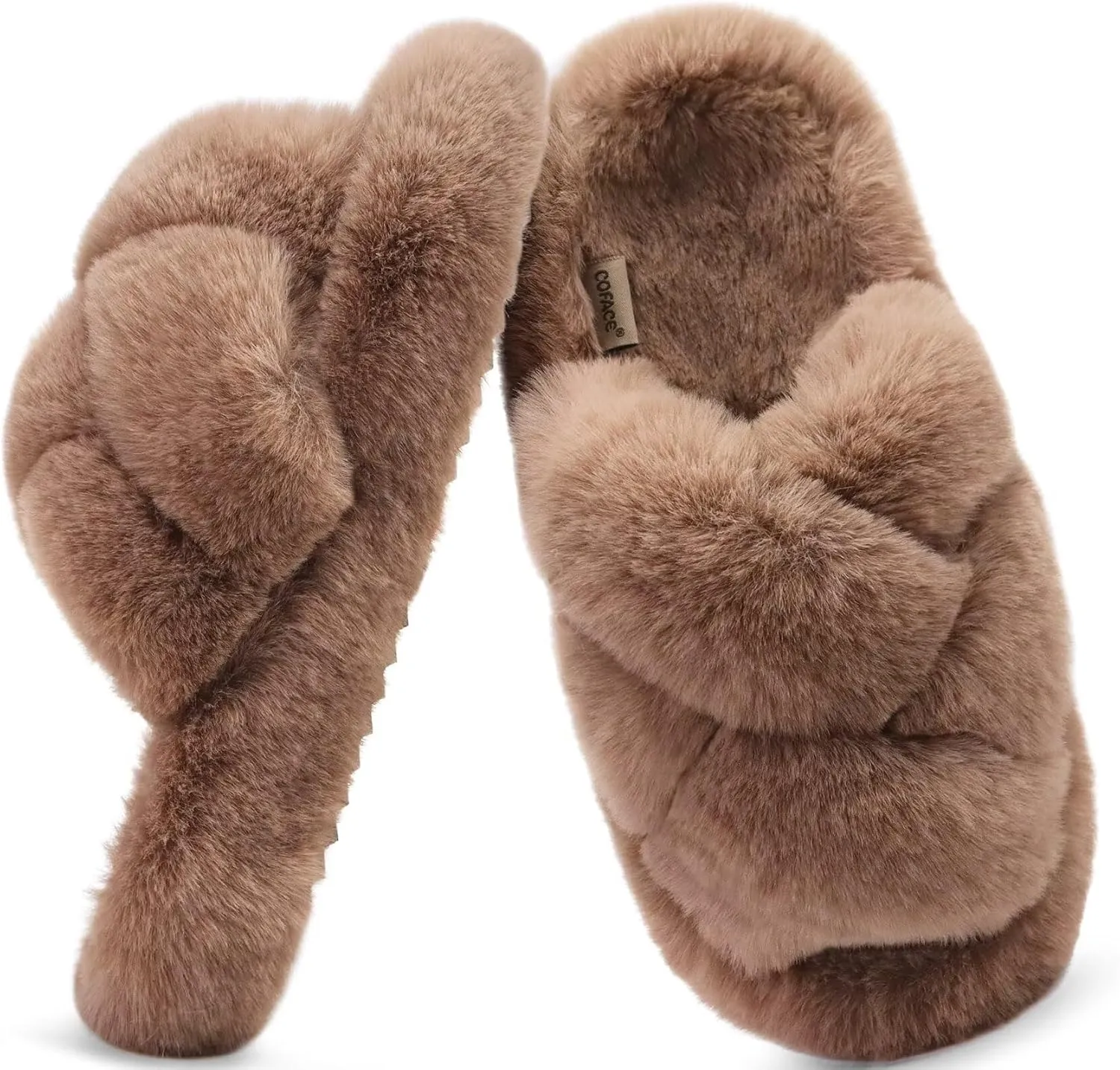COFACE Women's Fluff Slippers Open Toe Fuzzy Faux Fur Ladies House Fashion Platform Slide Shoes with Comfort Arch Support, Indoor Outdoor Sole