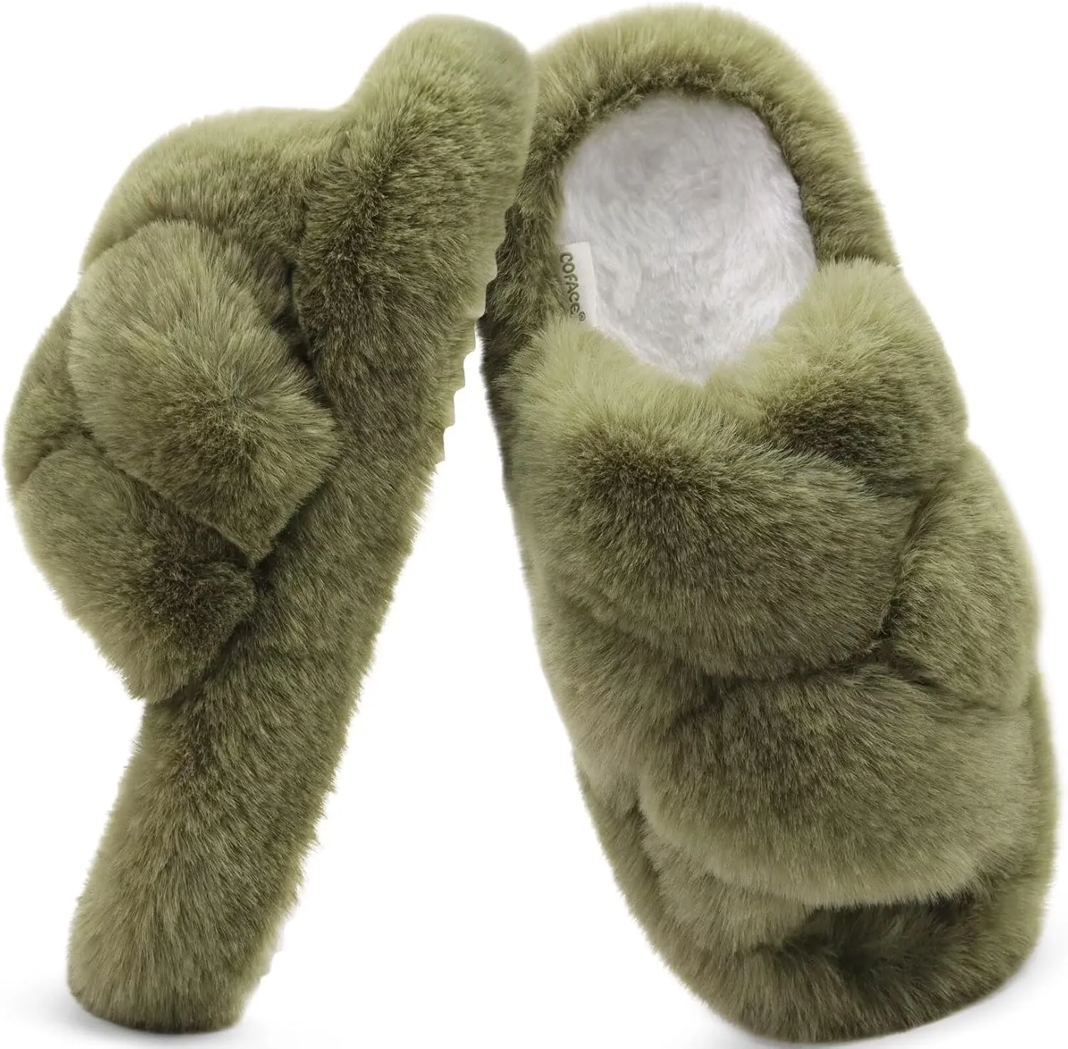 COFACE Women's Fluff Slippers Open Toe Fuzzy Faux Fur Ladies House Fashion Platform Slide Shoes with Comfort Arch Support, Indoor Outdoor Sole
