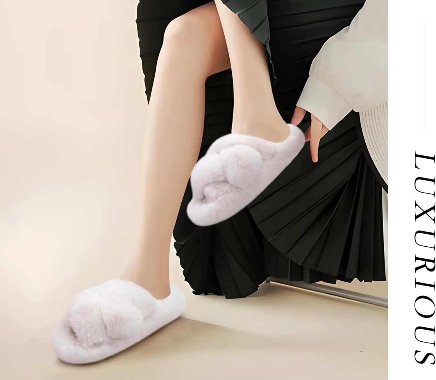 COFACE Women's Fluff Slippers Open Toe Fuzzy Faux Fur Ladies House Fashion Platform Slide Shoes with Comfort Arch Support, Indoor Outdoor Sole