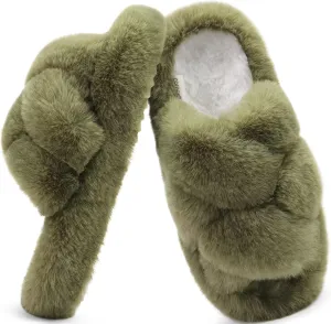 COFACE Women's Fluff Slippers Open Toe Fuzzy Faux Fur Ladies House Fashion Platform Slide Shoes with Comfort Arch Support, Indoor Outdoor Sole