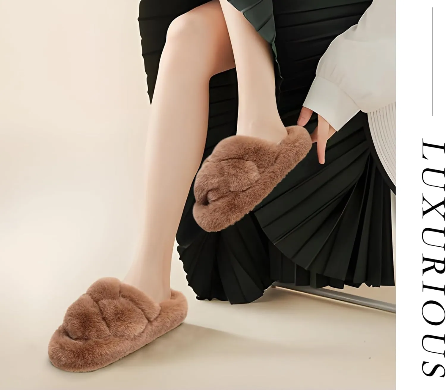 COFACE Women's Fluff Slippers Open Toe Fuzzy Faux Fur Ladies House Fashion Platform Slide Shoes with Comfort Arch Support, Indoor Outdoor Sole