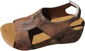 Cork Sandals For Women Summer Orthopedic Wedge Sandals With Arch Support Hollow Out Slip On Beach Slipper Zipper Leather Slides