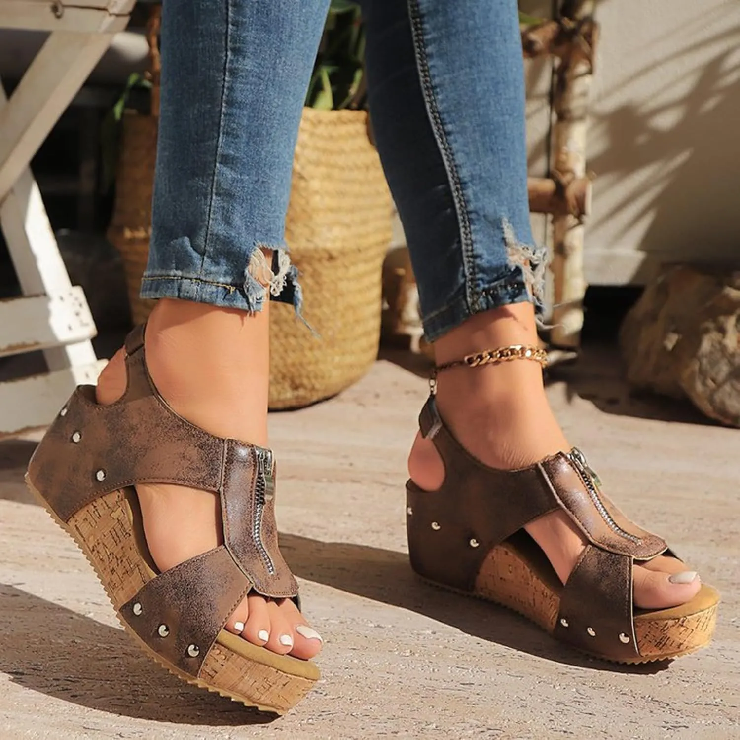 Cork Sandals For Women Summer Orthopedic Wedge Sandals With Arch Support Hollow Out Slip On Beach Slipper Zipper Leather Slides