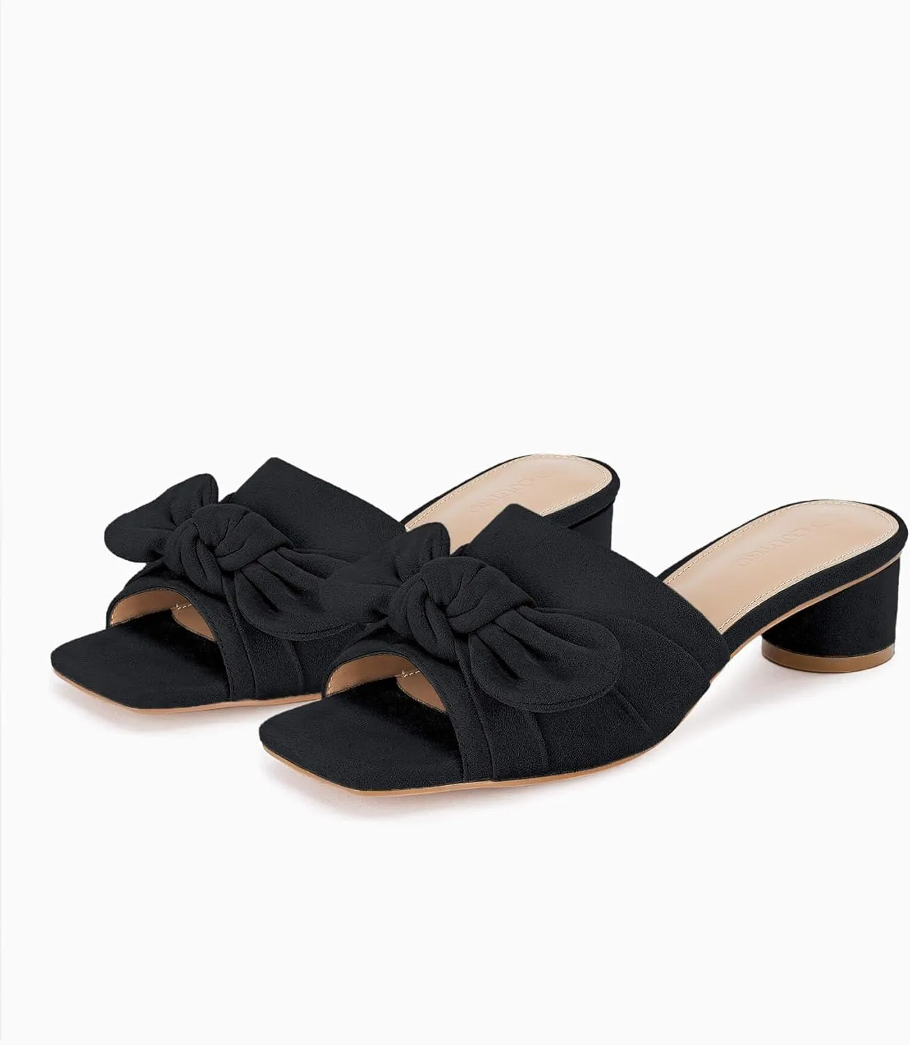 Coutgo Womens Bow Slides Sandals Wide Width Slip On Chunky Low Heels Square Open toe Elagant Summer Shoes