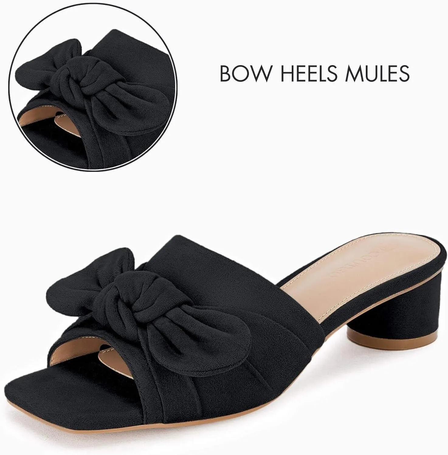 Coutgo Womens Bow Slides Sandals Wide Width Slip On Chunky Low Heels Square Open toe Elagant Summer Shoes