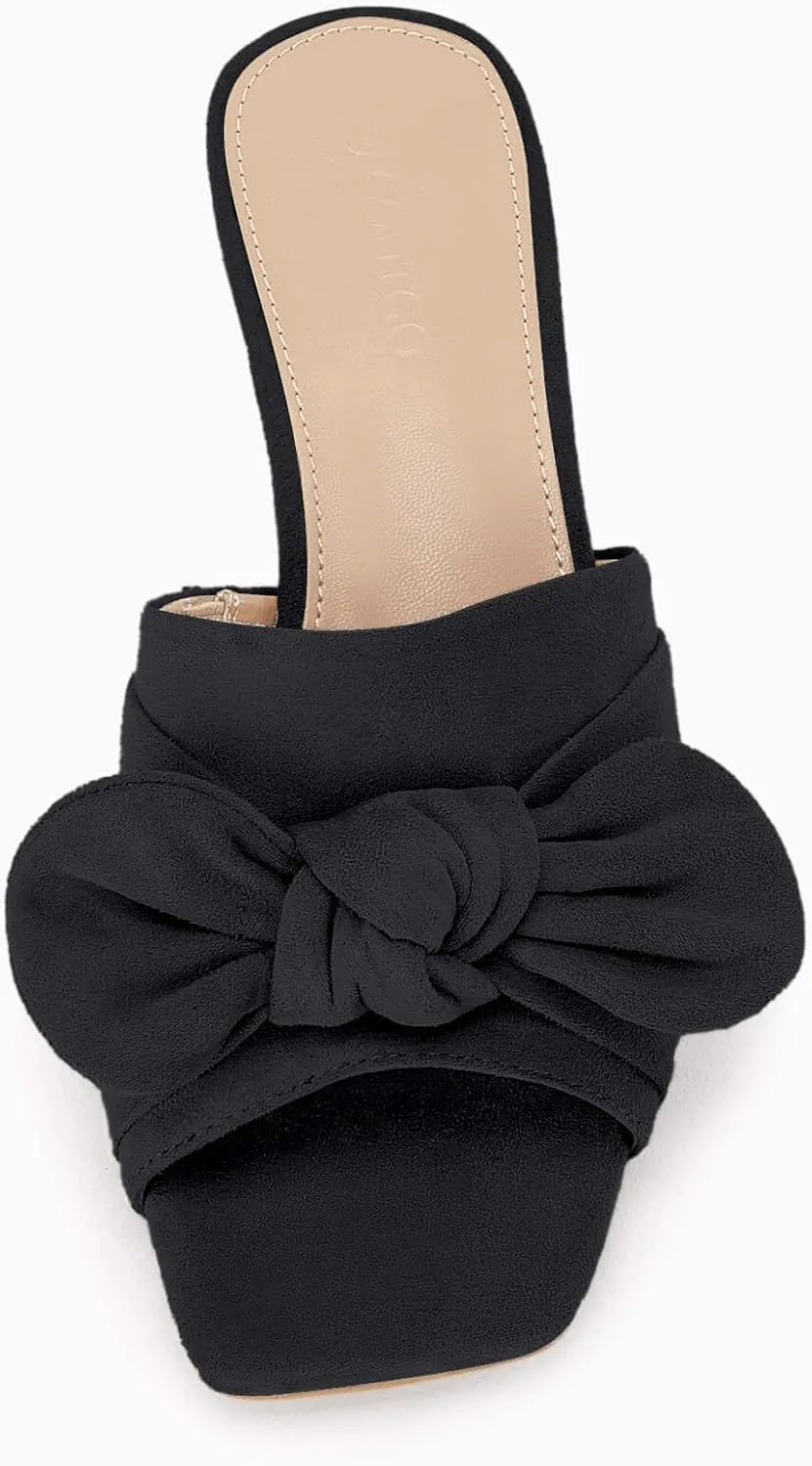 Coutgo Womens Bow Slides Sandals Wide Width Slip On Chunky Low Heels Square Open toe Elagant Summer Shoes