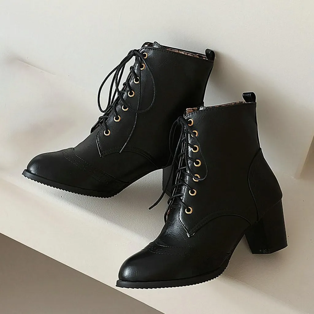 DINTAHA Pirate Boots Womens Victorian Ankle Boots Lace Up Chunky Heel Booties Vintage Oxford Wingtip Boots