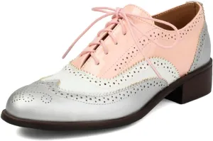 DINTAHA Womens Wingtip Oxford Shoes Chunky Low Heel Oxford Flats Lace Up Brogues Vintage Dress Shoes