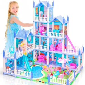 Dollhouse with 4-Story 11 Rooms, Dream Gift Princess Doll House Playset with Furniture, Blue Toddler House with Pool Slide for 3 4 5 6 7 8 9 10 Year Old Girls Kids