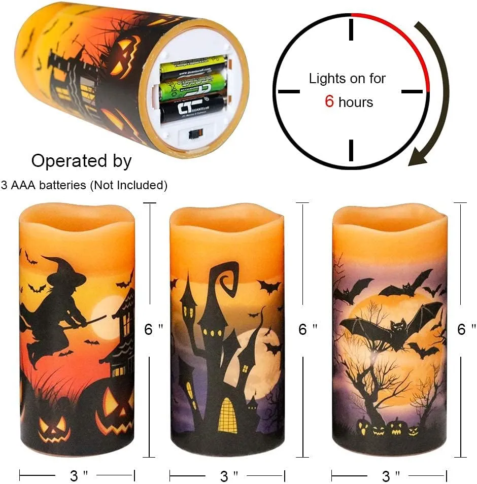 DRomance Halloween LED Flameless Pillar Candles Battery Operated with 6 Hour Timer Set of 3 Orange Wax Warm Light Flickering Witch Bats Castle Spooky Decals Halloween Decor Gifts(3 x 6 Inch)