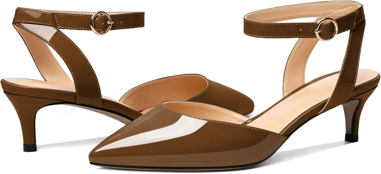 Eldof Women's Low Kitten Heel Sandals Pointed Toe Heels Ankle Strap Heeled Dressy Shoes for Summer Casual Office Wedding Event 1.4 Inches