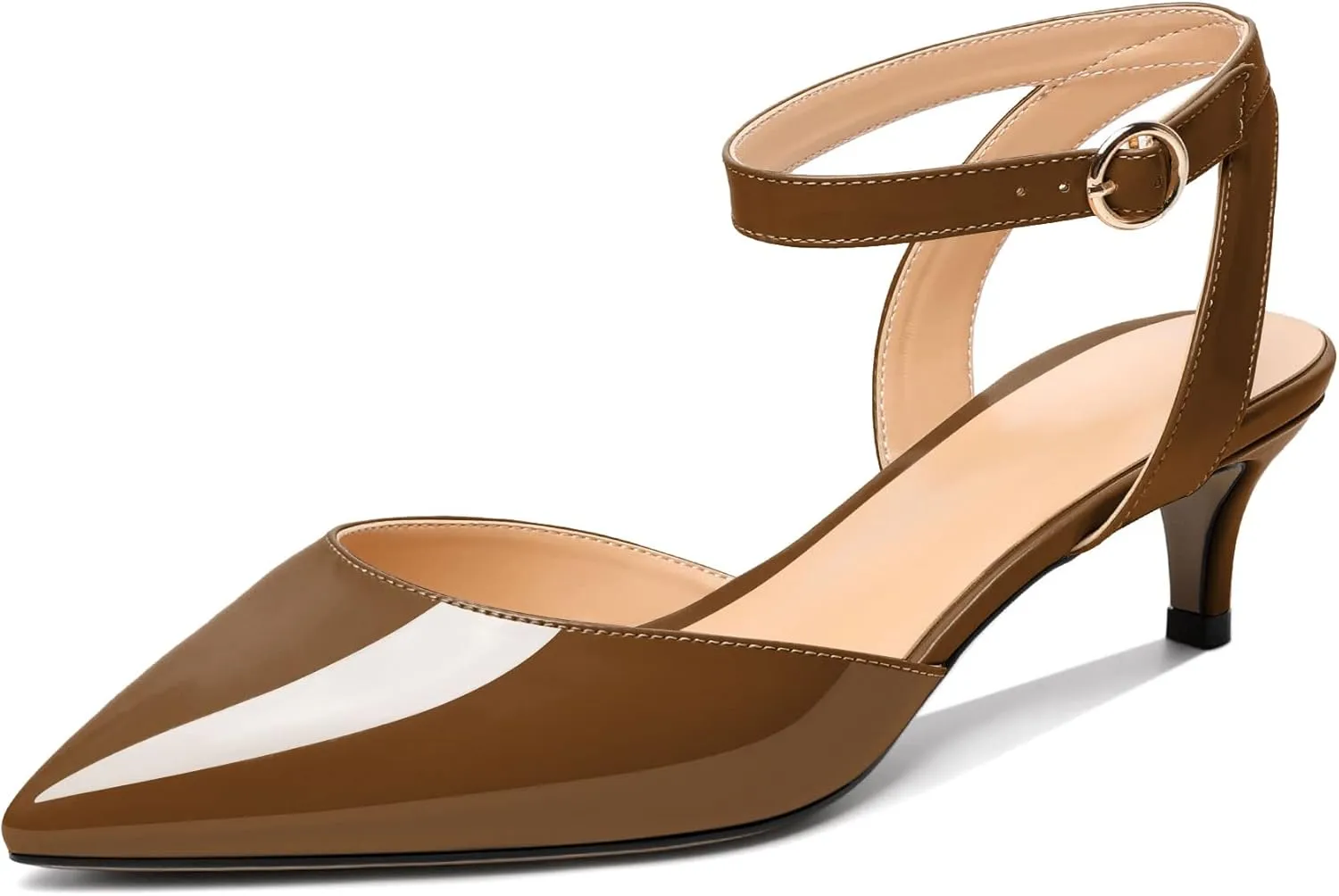 Eldof Women's Low Kitten Heel Sandals Pointed Toe Heels Ankle Strap Heeled Dressy Shoes for Summer Casual Office Wedding Event 1.4 Inches