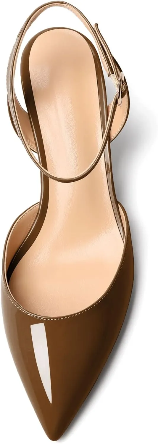 Eldof Women's Low Kitten Heel Sandals Pointed Toe Heels Ankle Strap Heeled Dressy Shoes for Summer Casual Office Wedding Event 1.4 Inches