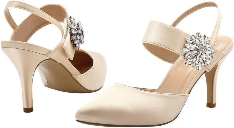 ERIJUNOR Mid Heel Shoes for Women Pointed Toe Slingback Rhinestone Brooch Satin Dress Pumps Evening Prom Wedding Shoes