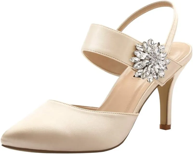 ERIJUNOR Mid Heel Shoes for Women Pointed Toe Slingback Rhinestone Brooch Satin Dress Pumps Evening Prom Wedding Shoes