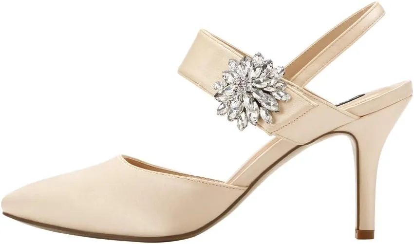 ERIJUNOR Mid Heel Shoes for Women Pointed Toe Slingback Rhinestone Brooch Satin Dress Pumps Evening Prom Wedding Shoes