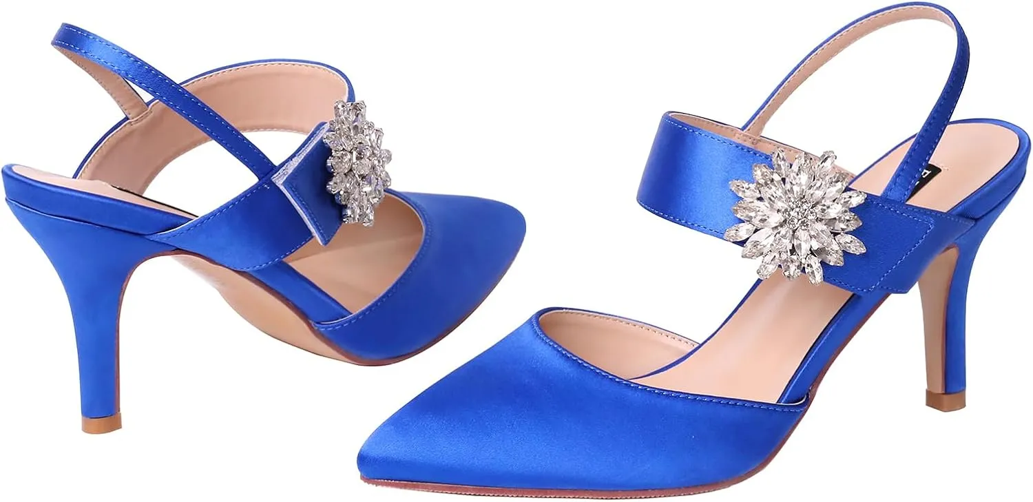 ERIJUNOR Mid Heel Shoes for Women Pointed Toe Slingback Rhinestone Brooch Satin Dress Pumps Evening Prom Wedding Shoes