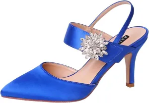 ERIJUNOR Mid Heel Shoes for Women Pointed Toe Slingback Rhinestone Brooch Satin Dress Pumps Evening Prom Wedding Shoes