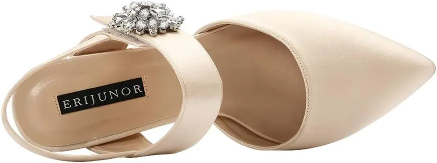ERIJUNOR Mid Heel Shoes for Women Pointed Toe Slingback Rhinestone Brooch Satin Dress Pumps Evening Prom Wedding Shoes