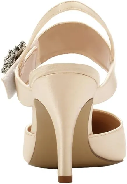 ERIJUNOR Mid Heel Shoes for Women Pointed Toe Slingback Rhinestone Brooch Satin Dress Pumps Evening Prom Wedding Shoes