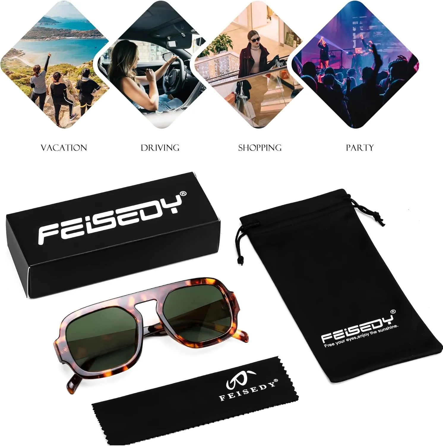 FEISEDY Trendy Square Aviator Sunglasses for Women, Vintage 70s Flat Top Shades B4175