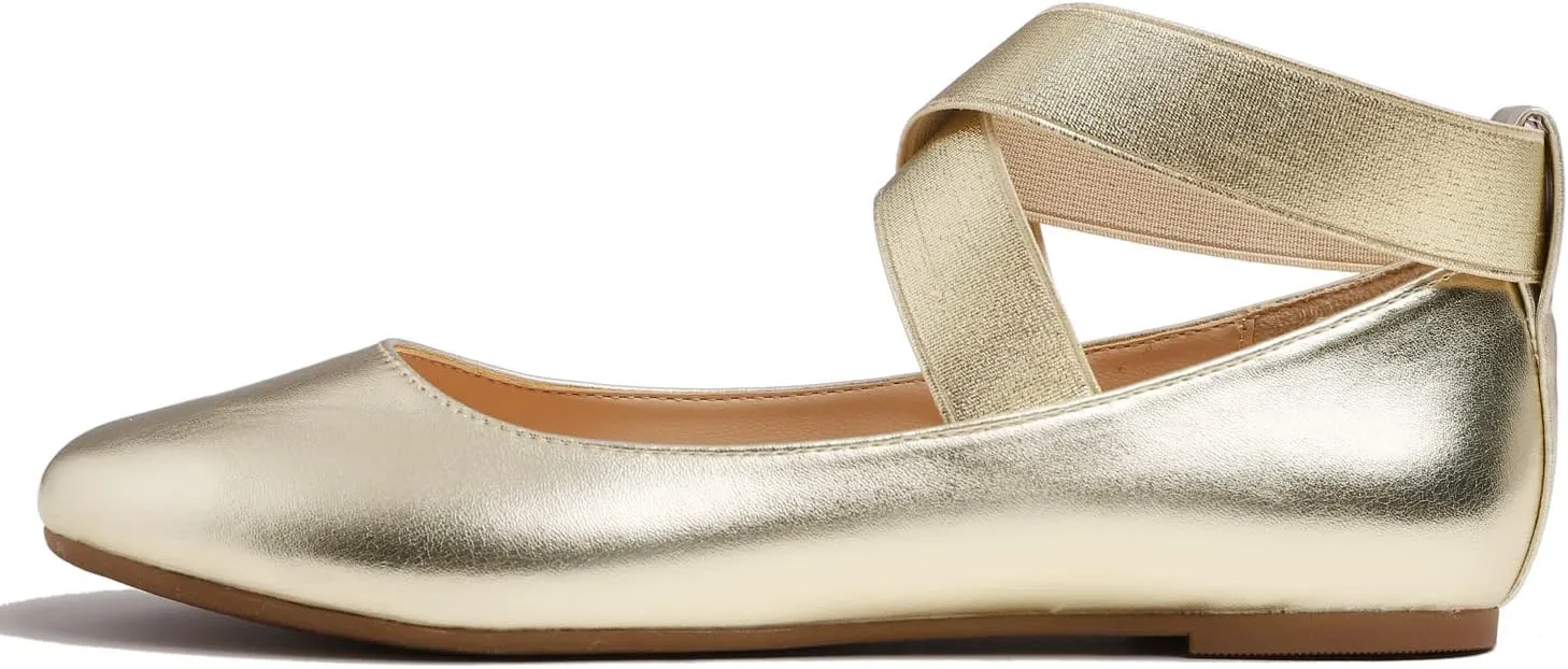 FEVERSOLE Women's Fashion Elastic Ankle Strap Shoes Round Toe Ballet Flat