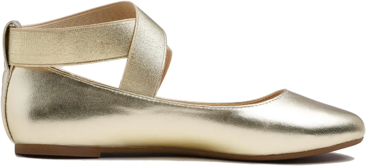 FEVERSOLE Women's Fashion Elastic Ankle Strap Shoes Round Toe Ballet Flat