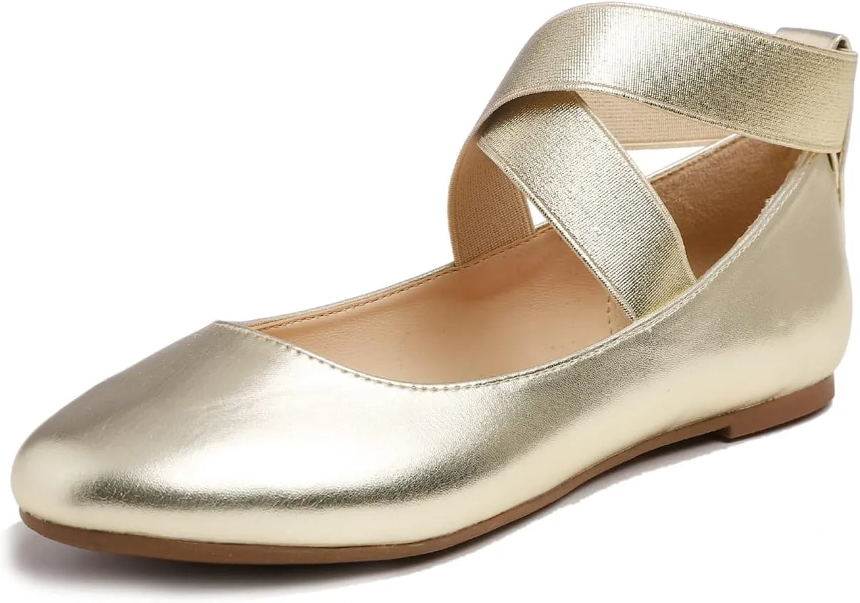 FEVERSOLE Women's Fashion Elastic Ankle Strap Shoes Round Toe Ballet Flat