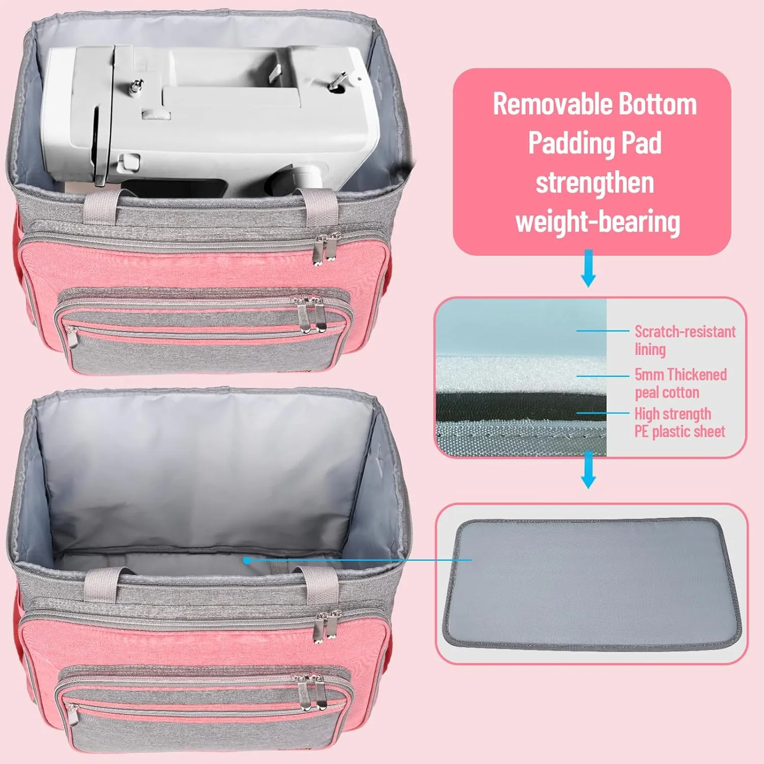 FINESUN Sewing Machine Carrying Case with Multiple Storage Pockets, Universal Tote Bag with Shoulder Strap Compatible with Most Standard Singer, Brother, Janome, Pink