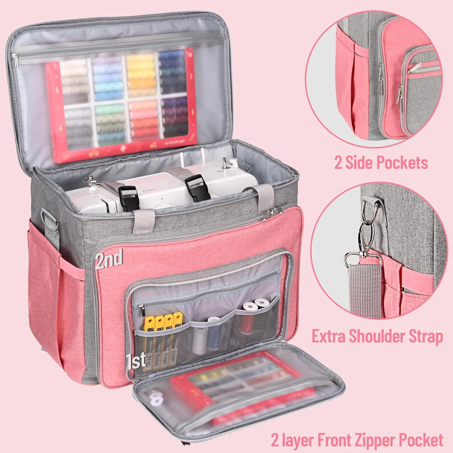 FINESUN Sewing Machine Carrying Case with Multiple Storage Pockets, Universal Tote Bag with Shoulder Strap Compatible with Most Standard Singer, Brother, Janome, Pink