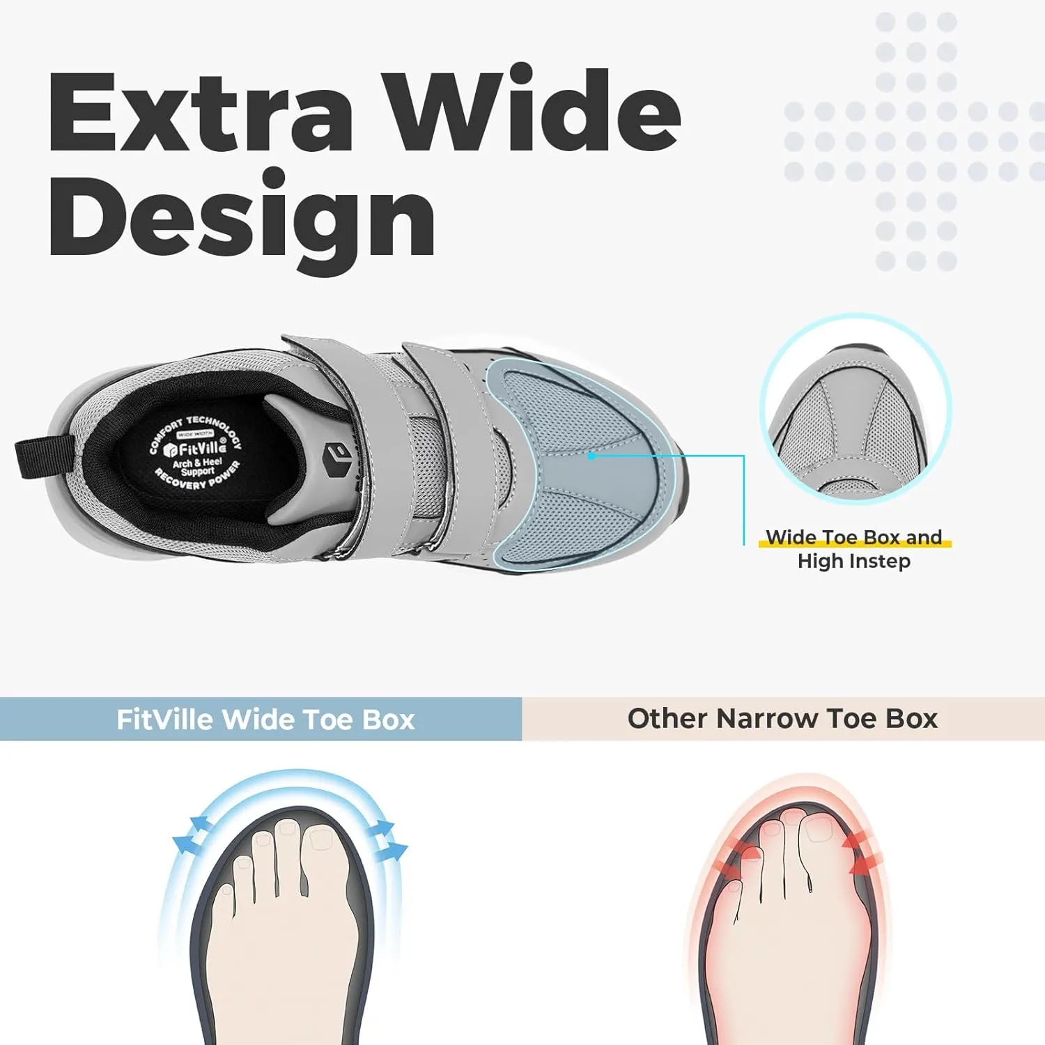 FitVille Extra Wide Walking Shoes for Men Wide Width, Hook and Loop Orthopedic Sneakers for Swollen Feet Neuropathy - Rebound Core V8