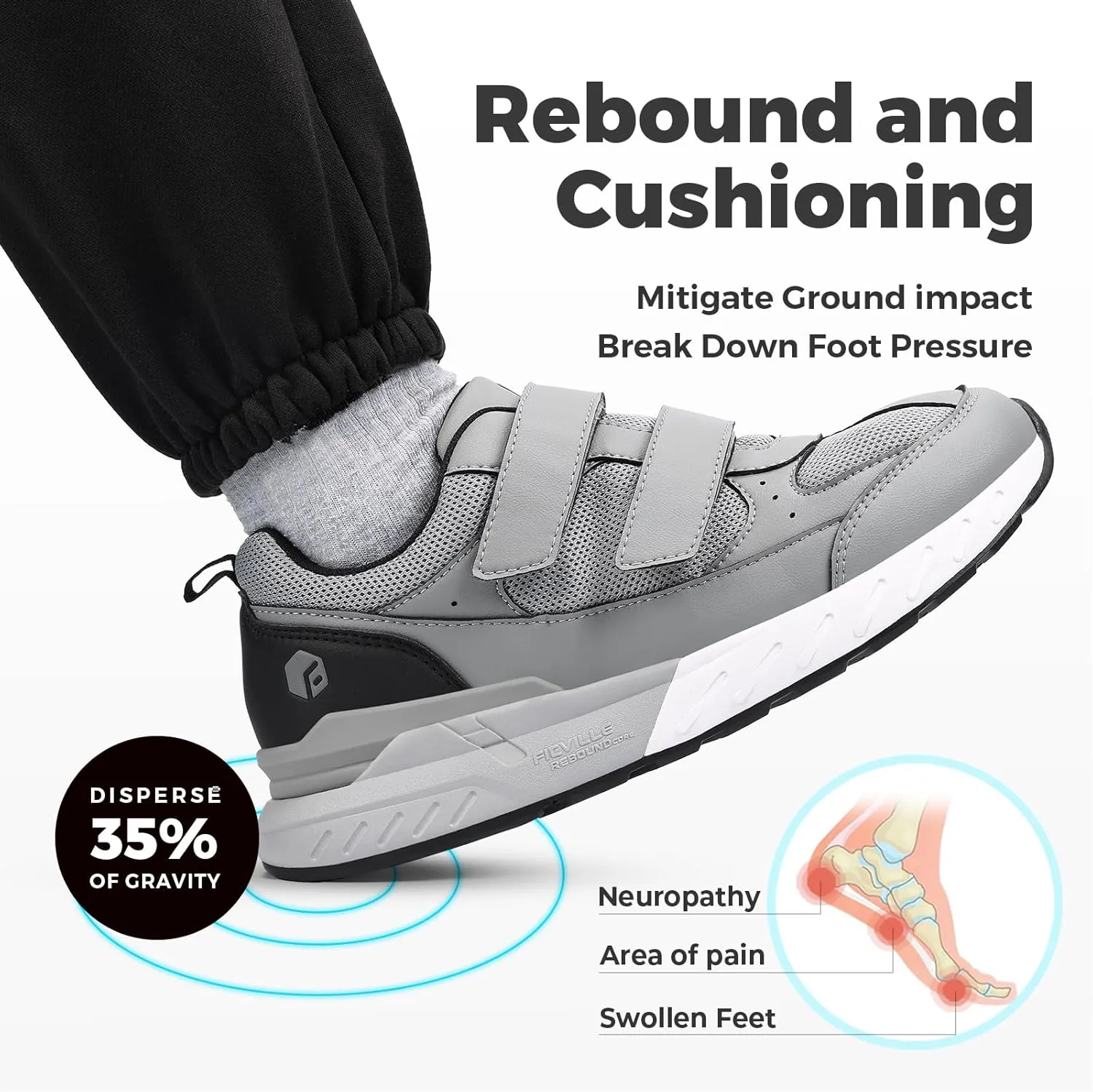 FitVille Extra Wide Walking Shoes for Men Wide Width, Hook and Loop Orthopedic Sneakers for Swollen Feet Neuropathy - Rebound Core V8