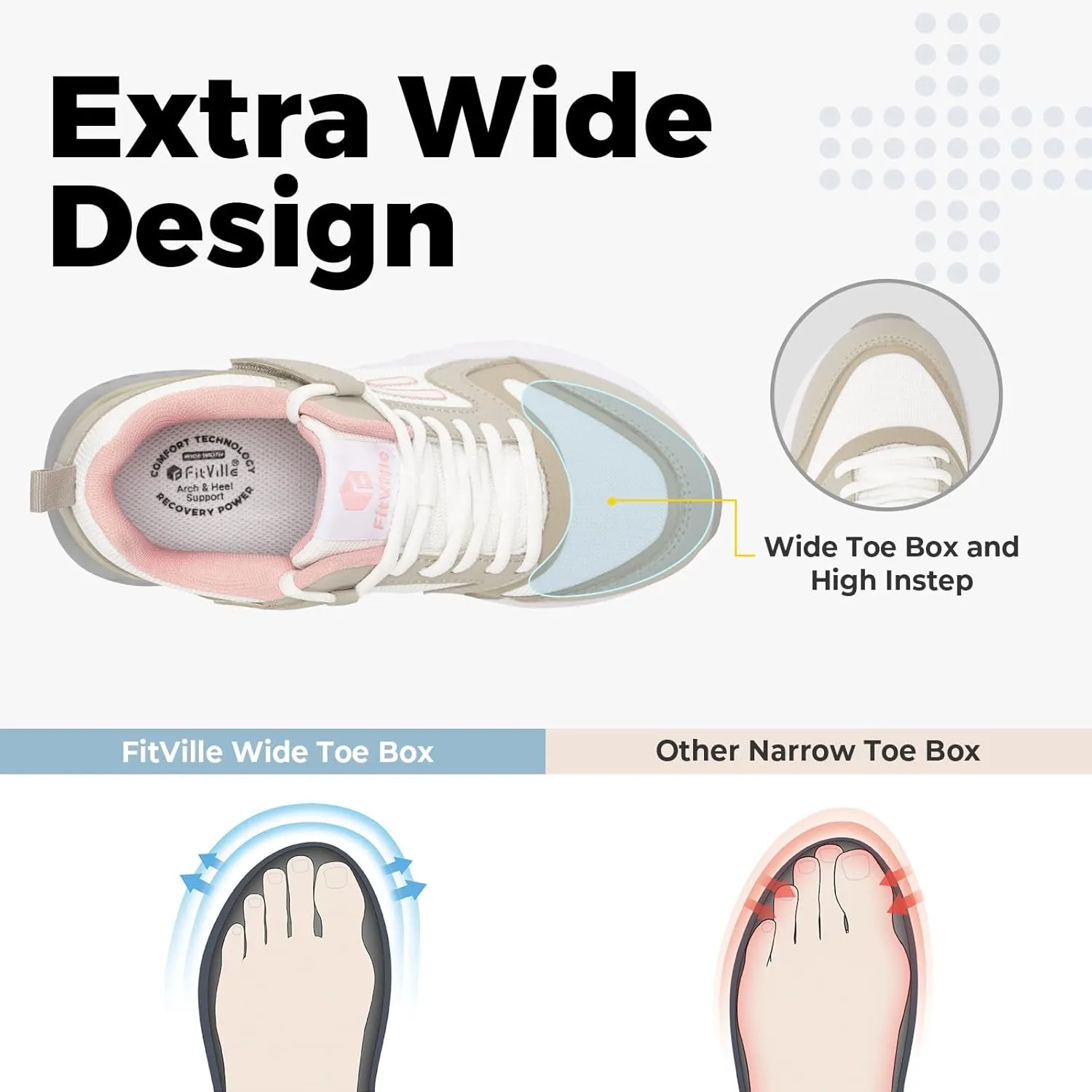 FitVille Women's Walking Shoes Wide Width Sneakers Comfort Diabetic Shoes Plantar Fasciitis Shoes for Flat Feet Heel Pain Relief - Rebound Core V7