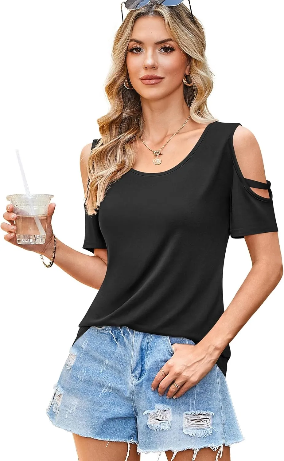 Florboom Womens Cold Shoulder Top Summer Basic T Shirts 3/4 Sleeve Casual Blouse Tshirts