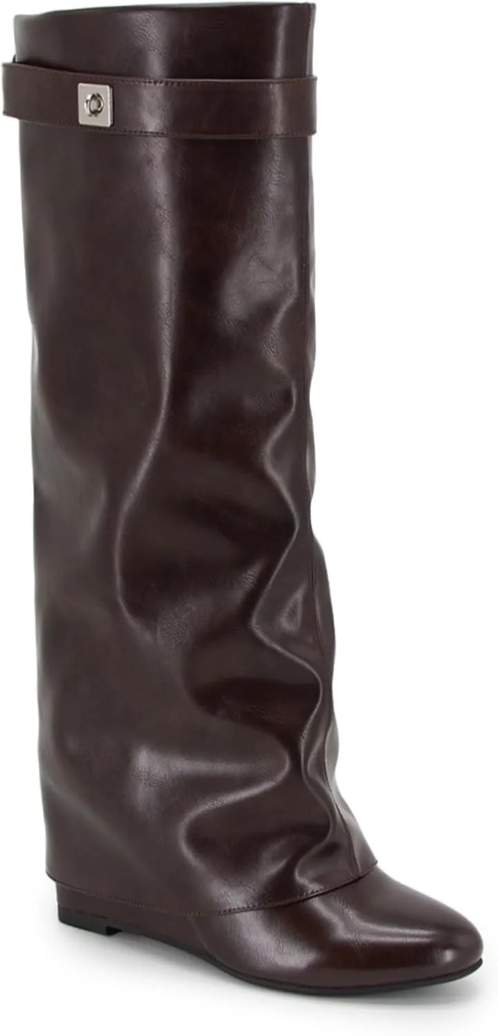 Fold Over Boots Women's Knee high Shark Boots Pointed Toe Wedge Heel Flat Shoes For Fall Winter Dress Boots