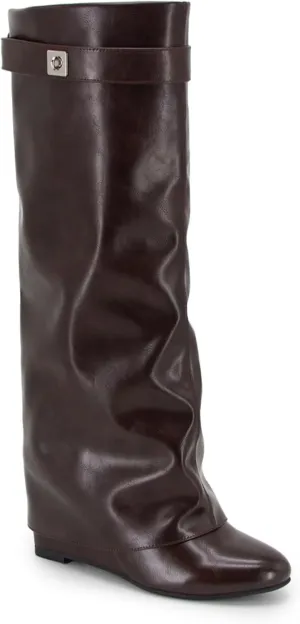 Fold Over Boots Women's Knee high Shark Boots Pointed Toe Wedge Heel Flat Shoes For Fall Winter Dress Boots