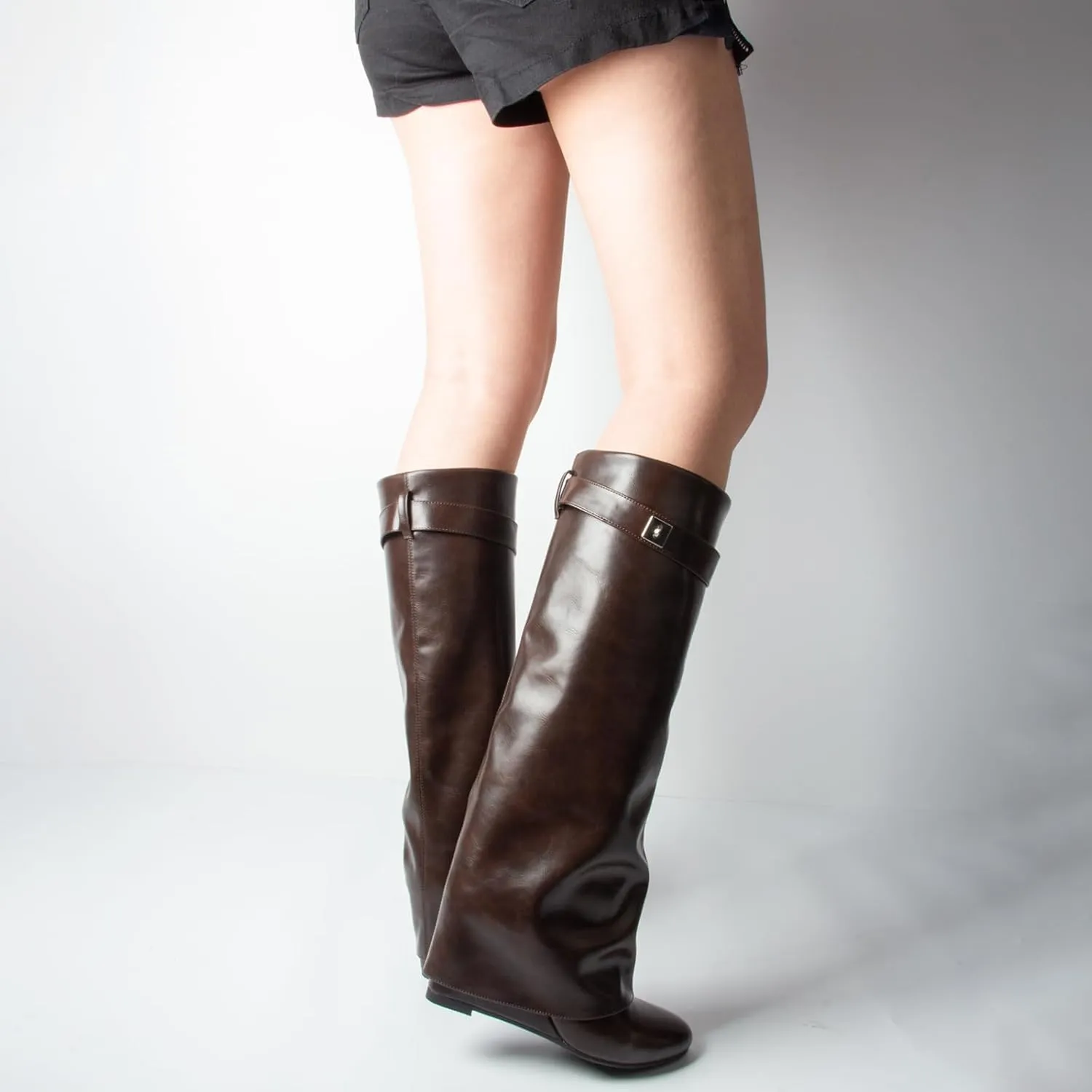Fold Over Boots Women's Knee high Shark Boots Pointed Toe Wedge Heel Flat Shoes For Fall Winter Dress Boots