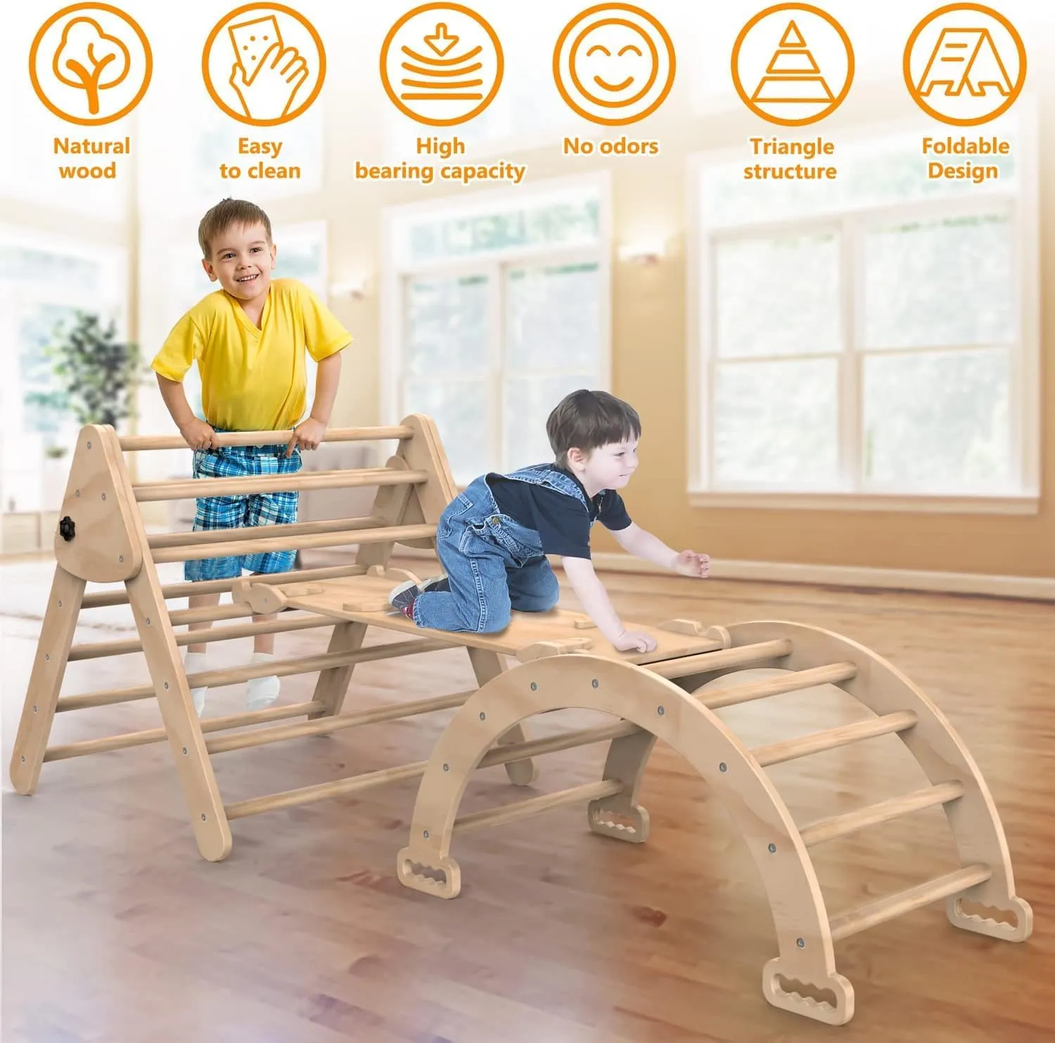 Foldable Climbing Triangle Ladder Toys with Ramp for Sliding or Climbing, Set of 3 Wooden Safety Sturdy Kids Play Gym, Indoor Outdoor Playground Climbing Toys for Toddlers